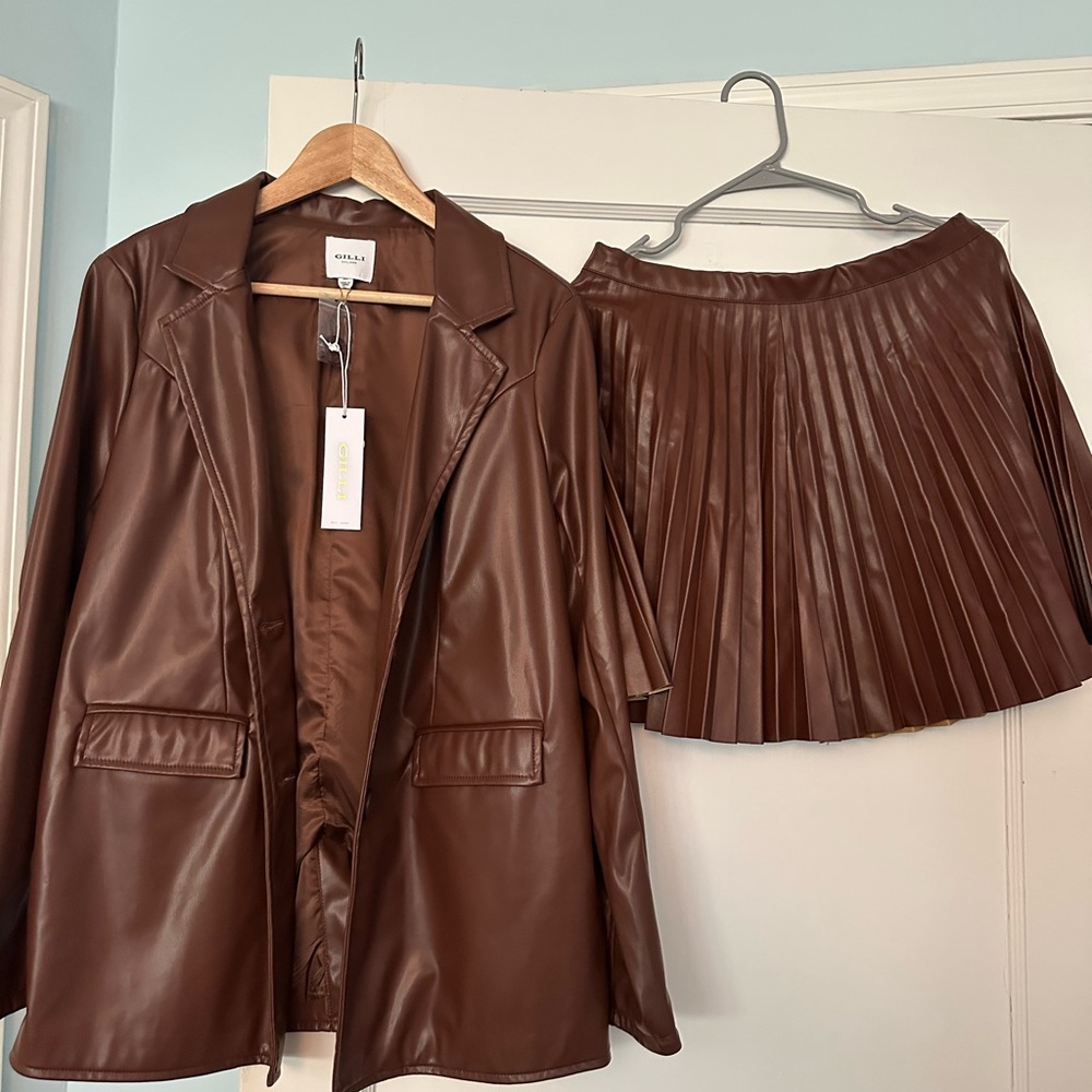 Brown Faux Leather Blazer and Skirt Set